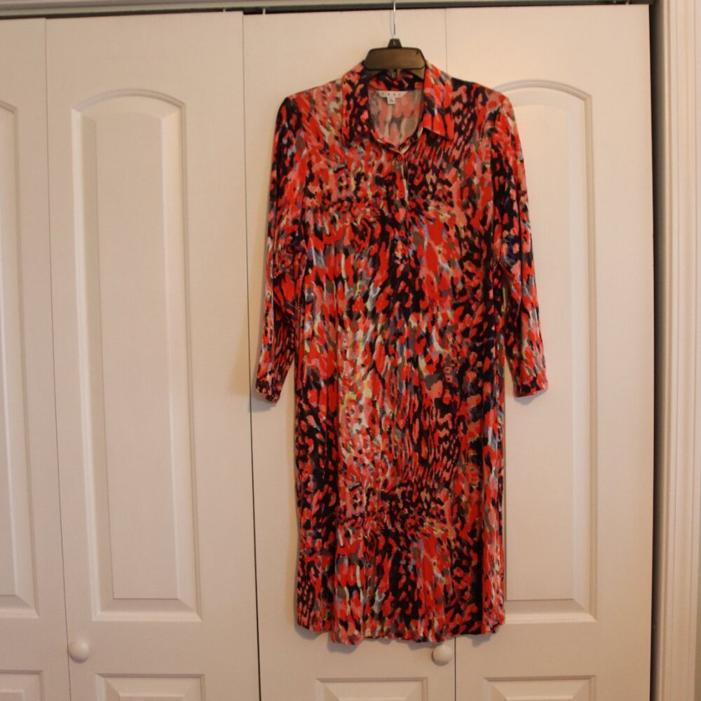 CAbi 374 Abstract Watercolor Jersey Shirt Shift Dress Belted 3/4 Sleeves Large - Picture 7 of 16